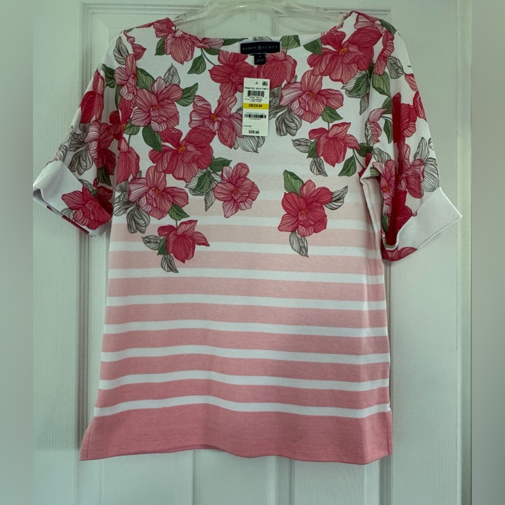 Women’s Boatneck Floral & Striped Shirt SZ Medium